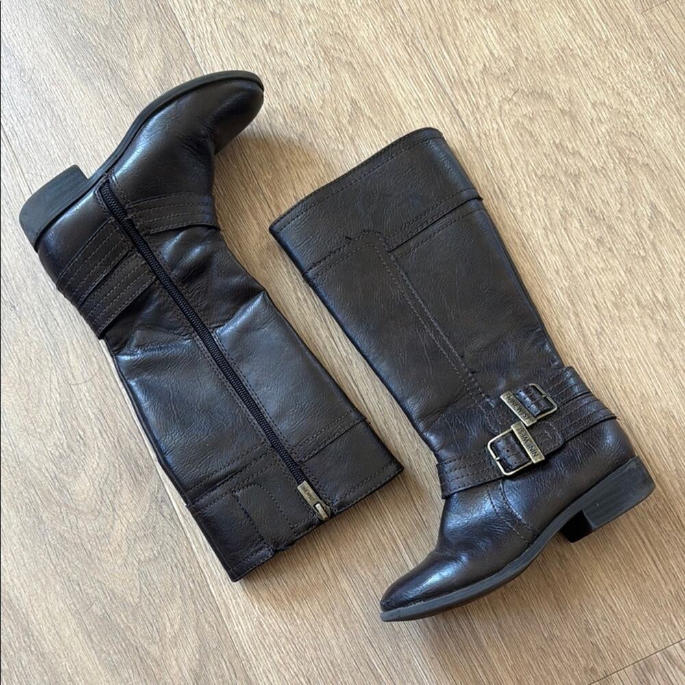 Nine West Brown Buckle Detail Faux Leather Knee High Lova Boots Size 12
